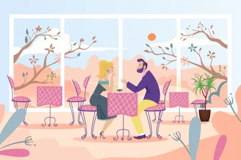 Couple date at cafe table, vector illustration. People man woman character have Ilustração Stock