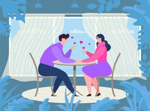 Couple date at cafe table, vector illustration, flat man woman character drink Illustration