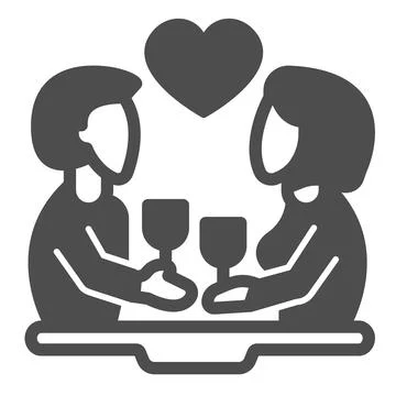 Couple on date, with glasses at the table and heart solid icon, love concept Illustration