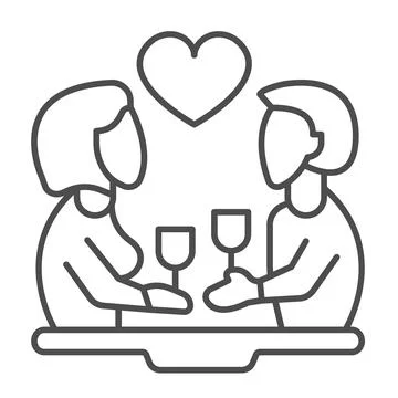 Couple on date, with glasses at the table and heart thin line icon, love concept Illustration