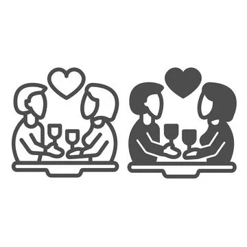 Couple on date, with glasses at the table and heart line and solid icon, love Illustration
