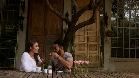 Couple dating drinking coffee in cafe. Stock Footage 199632670
