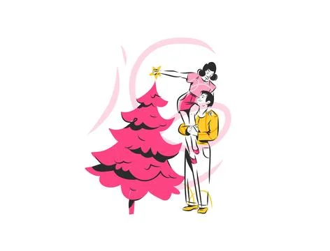Couple Decorating Christmas Tree Hand Drawn Vector Illustration, Romantic Stock Illustration