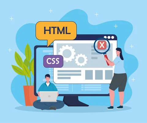 Couple of developers software with desktop characters Stock Illustration