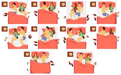 Couple in different sleeping positions in bed with pillow and blanket Stock Illustration
