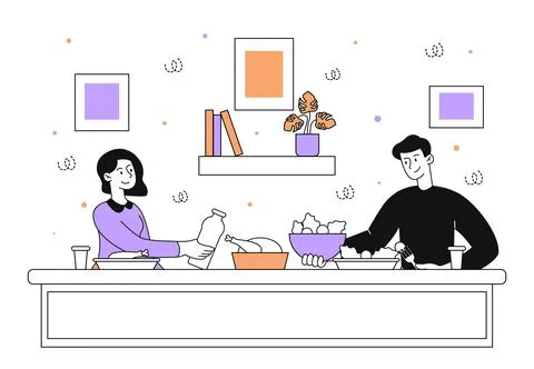 Couple with dinner vector linear Ilustração Stock