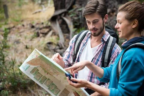 Couple discussing over map in forest Fotos Stock