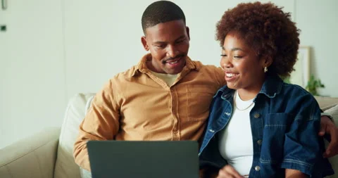 Couple, discussion and laugh on couch with laptop, bonding together or funny Stock Footage 337448919