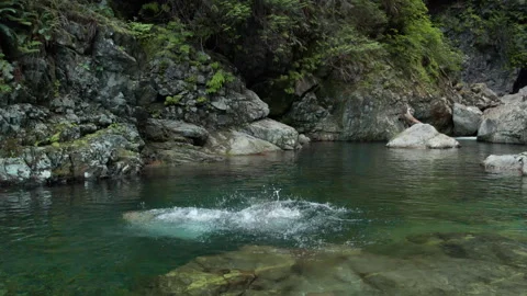 Couple diving into clear blue river, beautiful forest river, swimming, joy Stock Footage 246610470