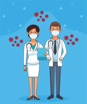 Couple doctors workers profession using face masks Illustrazione stock