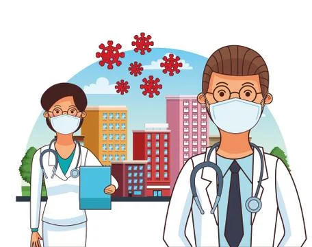 Couple doctors workers profession using face masks Illustrazione stock