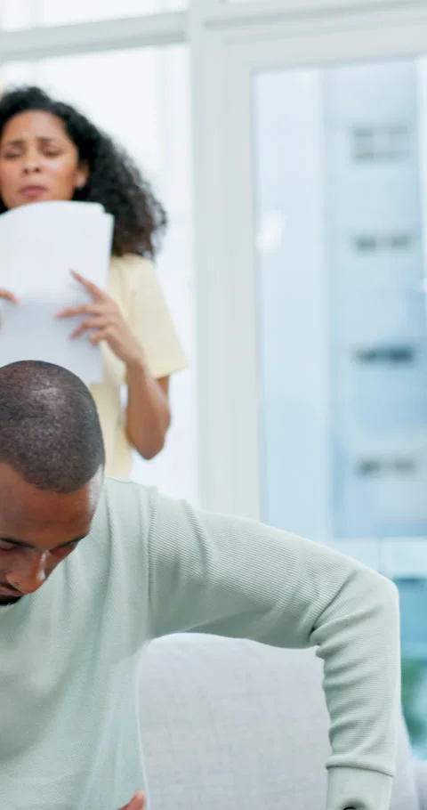 Couple, documents and fight in home with stress, frustrated and asset management Stock Footage 335892938