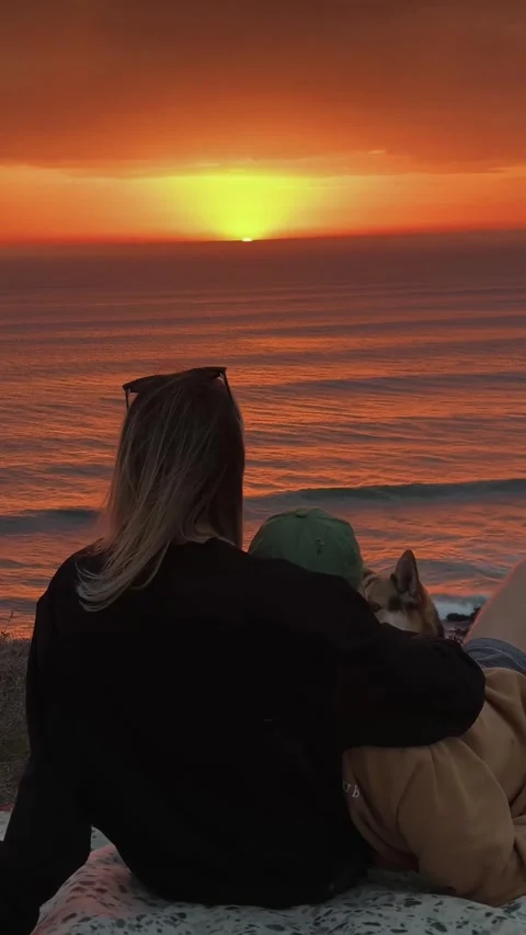 Couple with Dog Enjoying Dramatic Ocean Sunset. Stock Footage 328045305