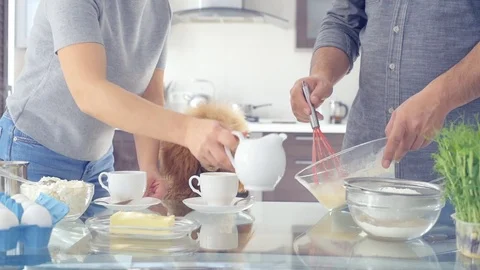 Couple with dog is making breakfast . Stock Footage 81174965