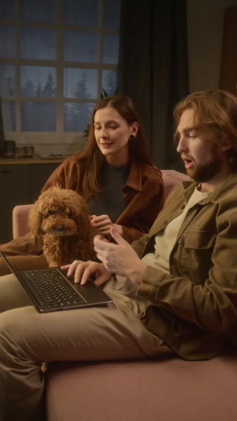 Couple with Dog Using Laptop for Online Shopping at Home Stock Footage 344877297