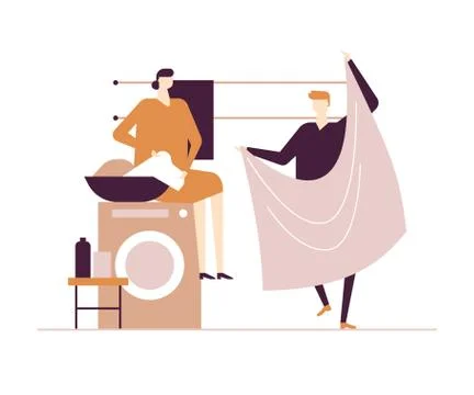Couple doing laundry - flat design style colorful illustration Illustrazione stock