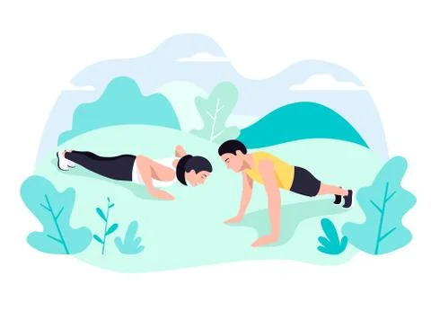 Couple doing plank exercise core workout together in park. Ilustração Stock