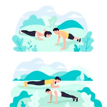 Couple doing plank exercise core workout together in park. Ilustração Stock