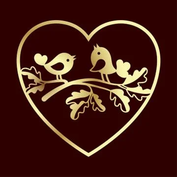 Couple of doves on an oak branch inside the heart. Laser cutting Stock Illustration