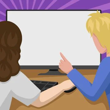 Couple Drawing Using Desktop Computer Helping Each Other Accomplishing Work. Man イラスト素材