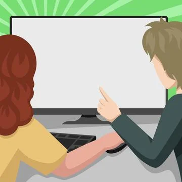 Couple Drawing Using Desktop Computer Helping Each Other Accomplishing Work. Man Illustrazione stock