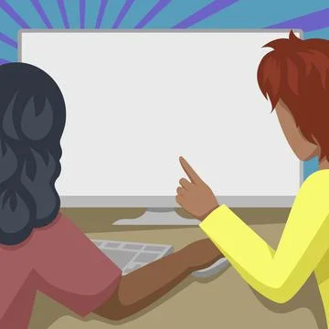 Couple Drawing Using Desktop Computer Helping Each Other Accomplishing Work. Man Stock Illustration