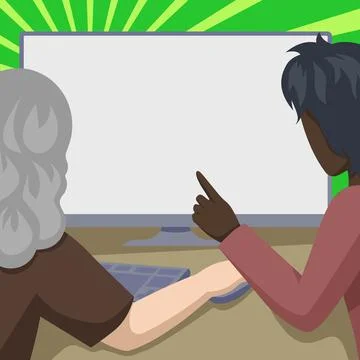 Couple Drawing Using Desktop Computer Helping Each Other Accomplishing Work. Man Stock Illustration