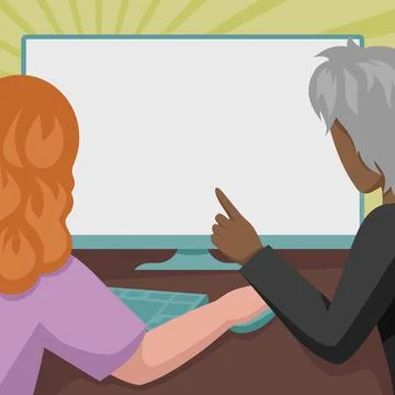 Couple Drawing Using Desktop Computer Helping Each Other Accomplishing Work. Man Stock Illustration