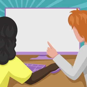 Couple Drawing Using Desktop Computer Helping Each Other Accomplishing Work. Man Stock Illustration