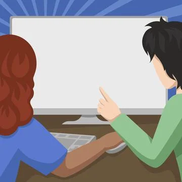 Couple Drawing Using Desktop Computer Helping Each Other Accomplishing Work. Man イラスト素材