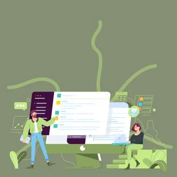 Couple Drawing Using Desktop Computer Helping Each Other Accomplishing Work. Man 스톡 일러스트