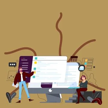 Couple Drawing Using Desktop Computer Helping Each Other Accomplishing Work. Man Stock Illustration