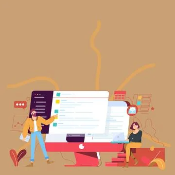 Couple Drawing Using Desktop Computer Helping Each Other Accomplishing Work. Man Stock Illustration