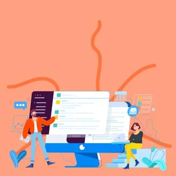 Couple Drawing Using Desktop Computer Helping Each Other Accomplishing Work. Man Stock Illustration