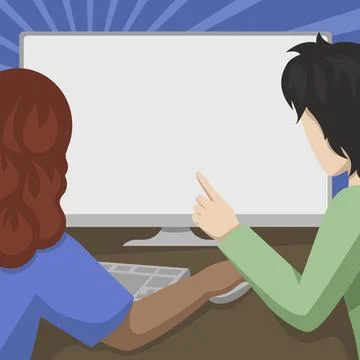 Couple Drawing Using Desktop Computer Accomplishing Their Work Stock Illustration