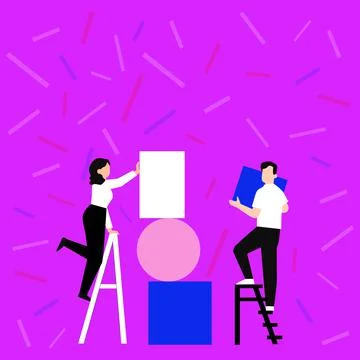 Couple Drawing Using Ladder Helping Each Other Placing Big Empty Picture Frames Illustrazione stock