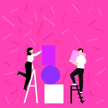 Couple Drawing Using Ladder Helping Each Other Placing Big Empty Picture Frames Illustrazione stock