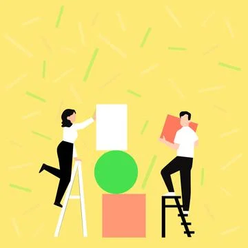 Couple Drawing Using Ladder Helping Each Other Placing Big Empty Picture Frames Stock Illustration
