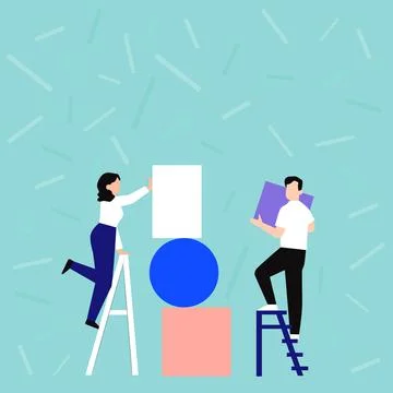 Couple Drawing Using Ladder Helping Each Other Placing Big Empty Picture Frames Stock Illustration