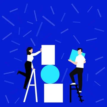 Couple Drawing Using Ladder Helping Each Other Placing Big Empty Picture Frames 스톡 일러스트