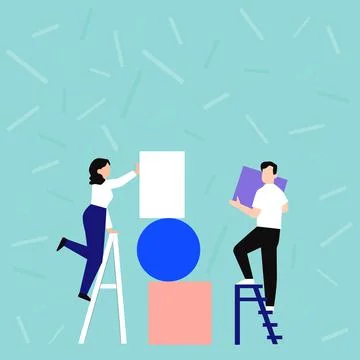 Couple Drawing Using Ladder Helping Each Other Placing Big Empty Picture Frames 스톡 일러스트