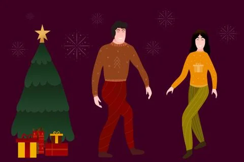Couple dressed in ugly sweaters dancing, fireworks and spresents on the Stock Illustration