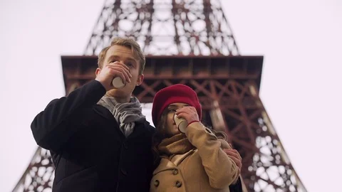 Couple drinking hot beverage getting warm and enjoying beautiful view of sights Stock Footage 83905440