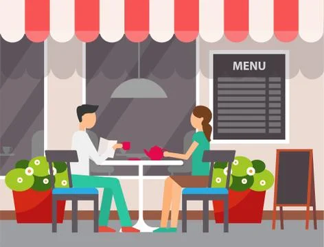 Couple Drinking Tea in Outdoors Cafe Restaurant Ilustração Stock
