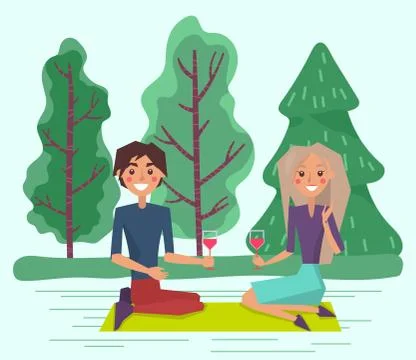 Couple Drinking Wine Sitting on Mat Outdoor Vector Ilustração Stock