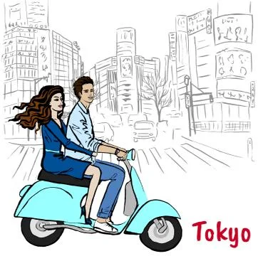 Couple driving scooter Illustrazione stock