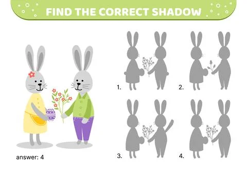 Couple of Easter bunnies. Find the correct shadow. Shadow matching game. Cartoon Stock Illustration