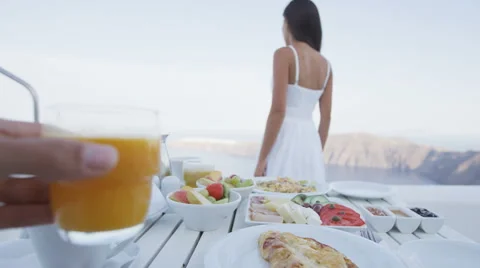 Couple Eating Breakfast at Table in  Luxury Travel Concept in POV of Man Stock Footage