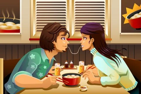 Couple Eating Noodle Stock Illustration