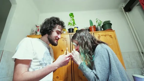 Couple Eating Pizza Together Inside Having Fun Home Corona Pandemic Activities Stock Footage 145843883